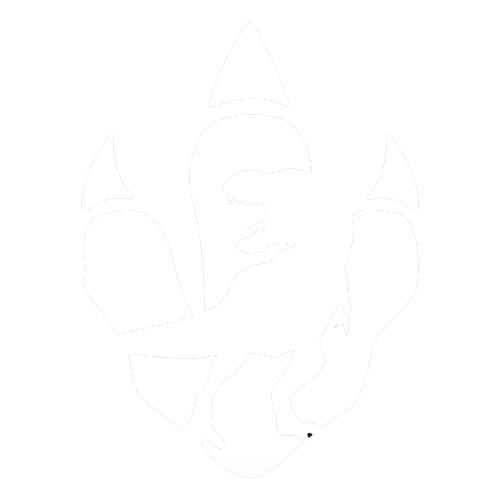 A silhouette of a T-Rex dinosaur within a large dinosaur claw print
